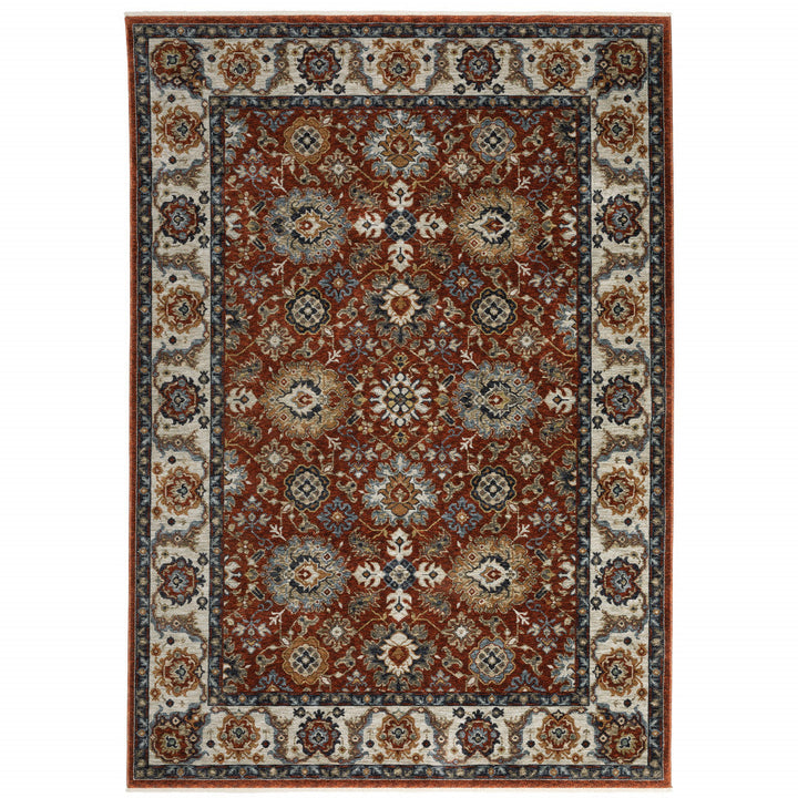 6 X 9 Red Blue Ivory Gold And Navy Oriental Power Loom Stain Resistant Area Rug With Fringe Image 1