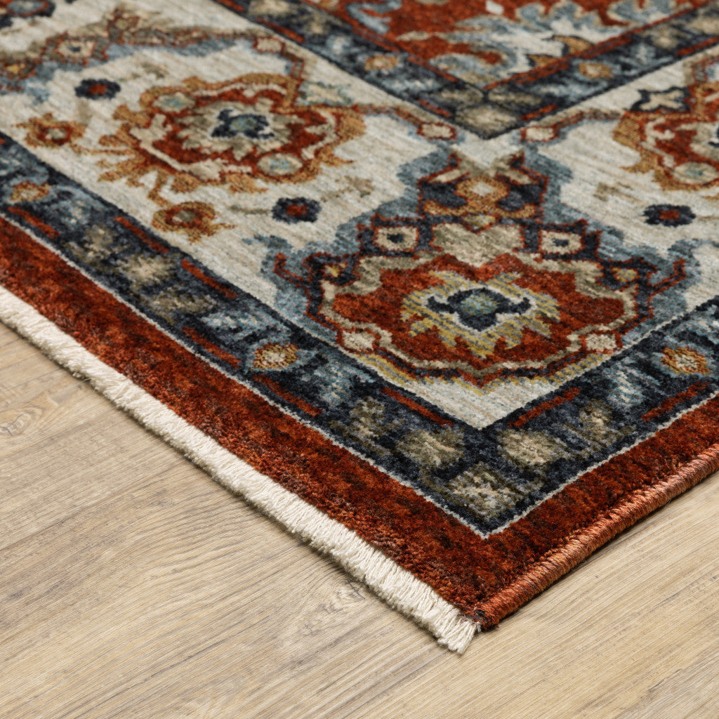 6 X 9 Red Blue Ivory Gold And Navy Oriental Power Loom Stain Resistant Area Rug With Fringe Image 3