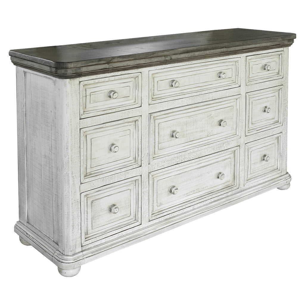 62" Gray and Ivory Solid Wood Nine Drawer Triple Dresser Image 3