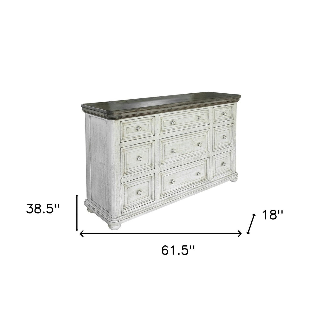 62" Gray and Ivory Solid Wood Nine Drawer Triple Dresser Image 4