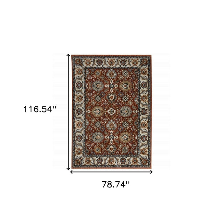 6 X 9 Red Blue Ivory Gold And Navy Oriental Power Loom Stain Resistant Area Rug With Fringe Image 11