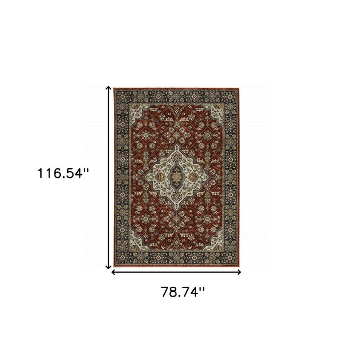 6 X 9 Red Ivory Blue Navy Gold And Grey Oriental Power Loom Stain Resistant Area Rug With Fringe Image 11