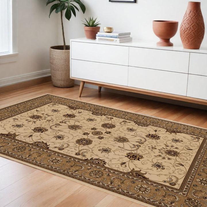 7 x 9 Beige and Ivory Oriental Power Loom Area Rug Image 8