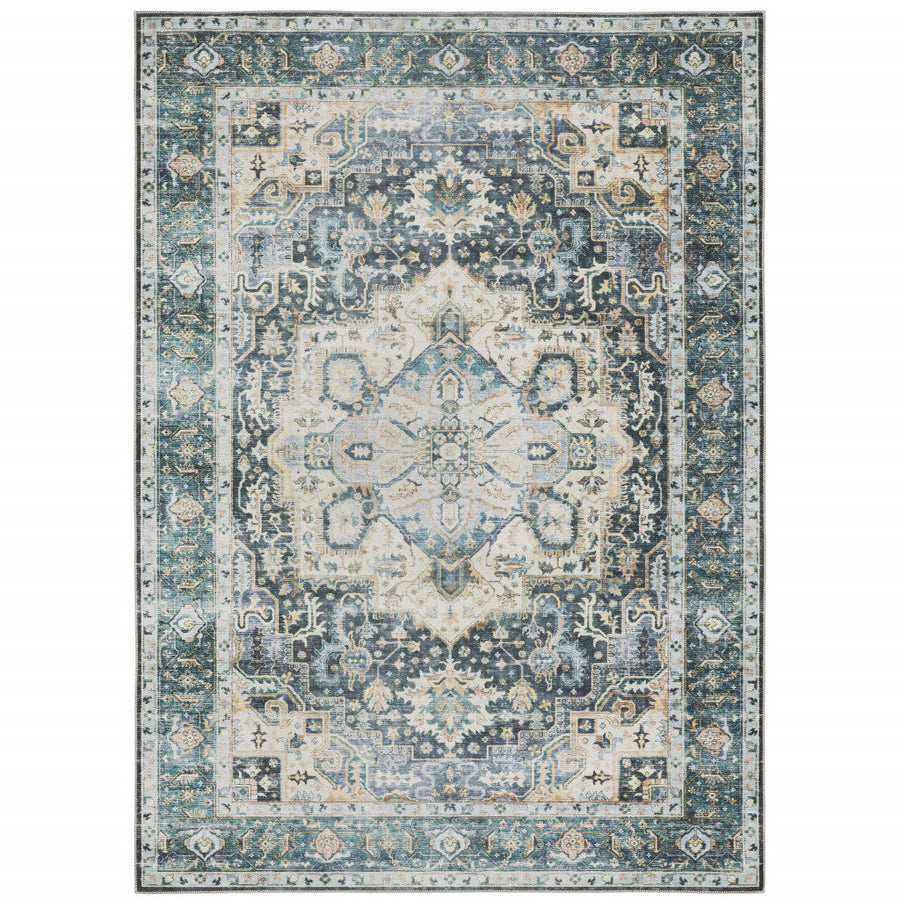 7 X 10 Blue Ivory Teal Brown And Gold Oriental Printed Stain Resistant Non Skid Area Rug Image 1