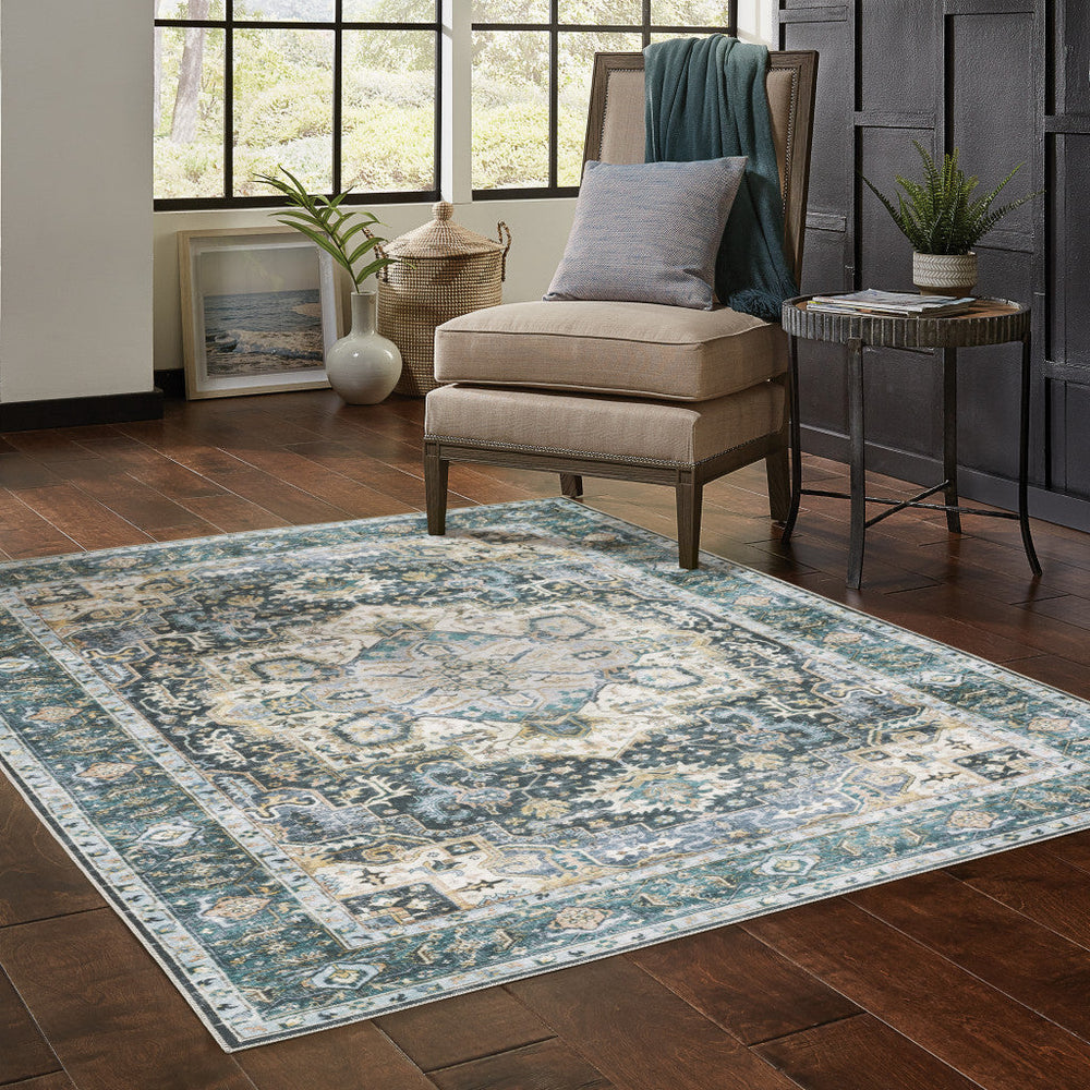 7 X 10 Blue Ivory Teal Brown And Gold Oriental Printed Stain Resistant Non Skid Area Rug Image 2