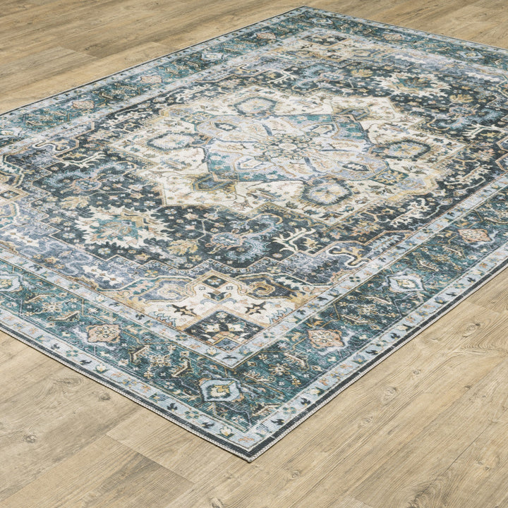 7 X 10 Blue Ivory Teal Brown And Gold Oriental Printed Stain Resistant Non Skid Area Rug Image 5