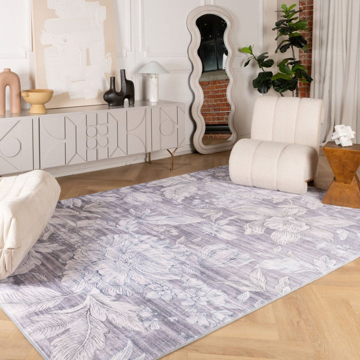 7 x 10 Gray and White Floral Area Rug Image 8