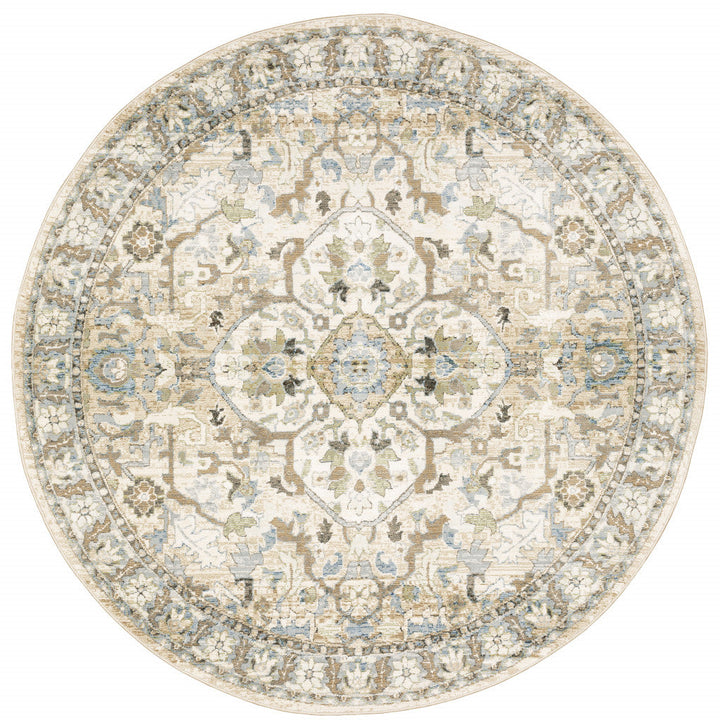 8 Beige and Ivory Round Oriental Power Loom Area Rug Image 1