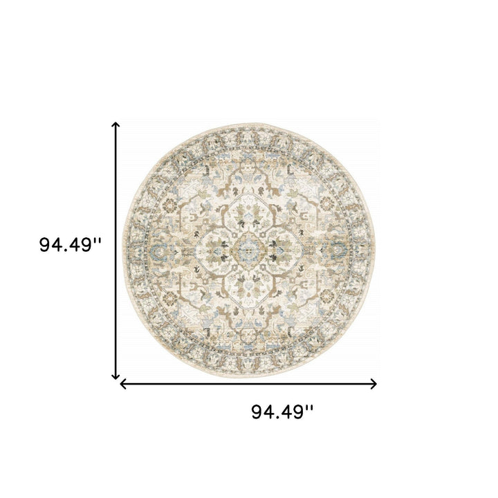 8 Beige and Ivory Round Oriental Power Loom Area Rug Image 3