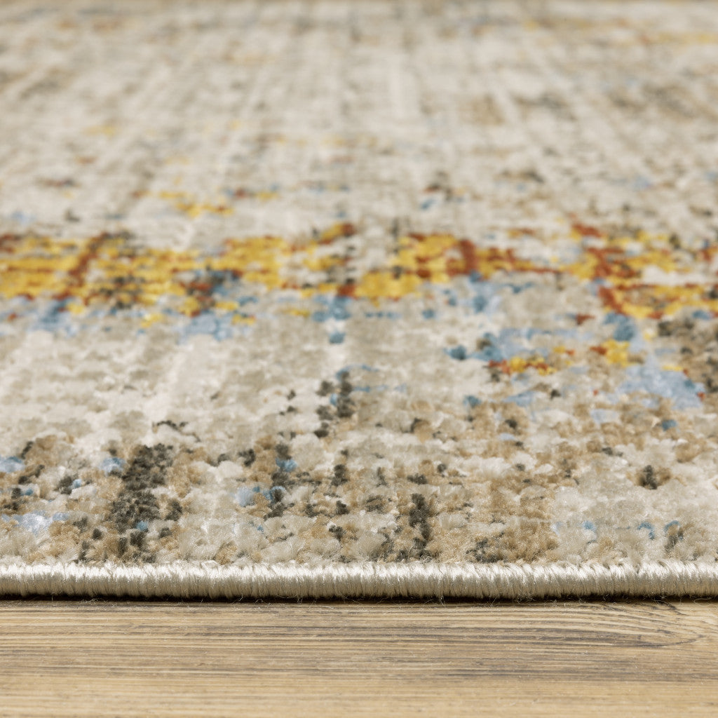 8 Beige Grey Brown Gold Red And Blue Abstract Power Loom Runner Rug With Fringe Image 3