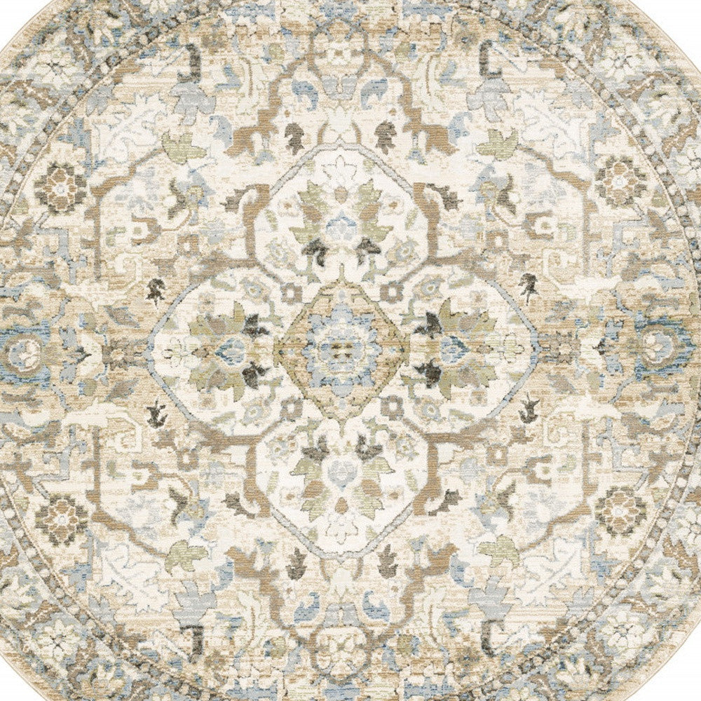 8 Beige and Ivory Round Oriental Power Loom Area Rug Image 4