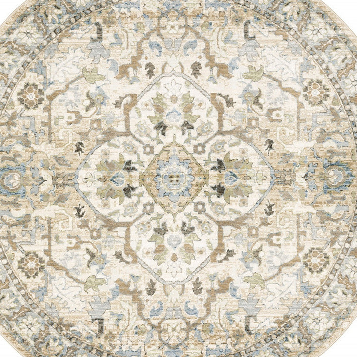 8 Beige and Ivory Round Oriental Power Loom Area Rug Image 4