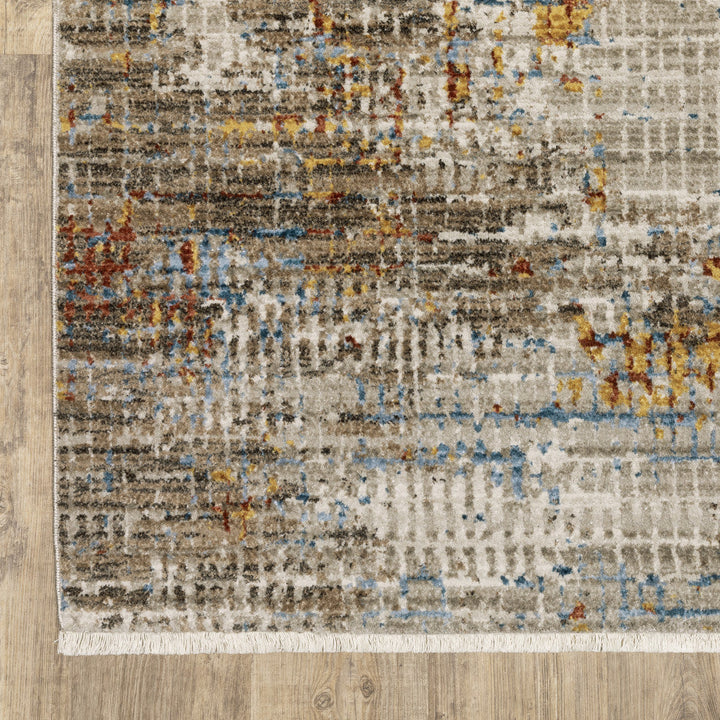 8 Beige Grey Brown Gold Red And Blue Abstract Power Loom Runner Rug With Fringe Image 6