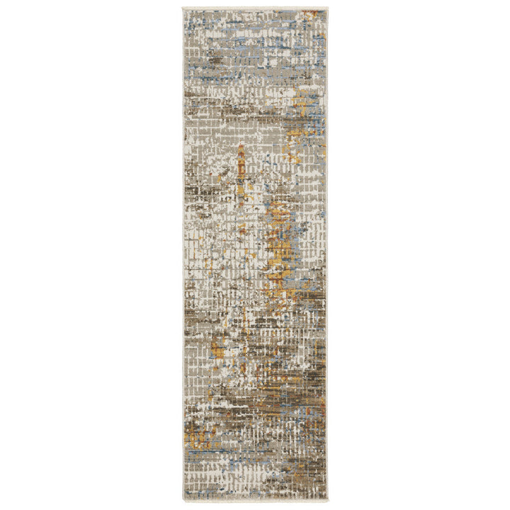 8 Beige Grey Brown Gold Red And Blue Abstract Power Loom Runner Rug With Fringe Image 8