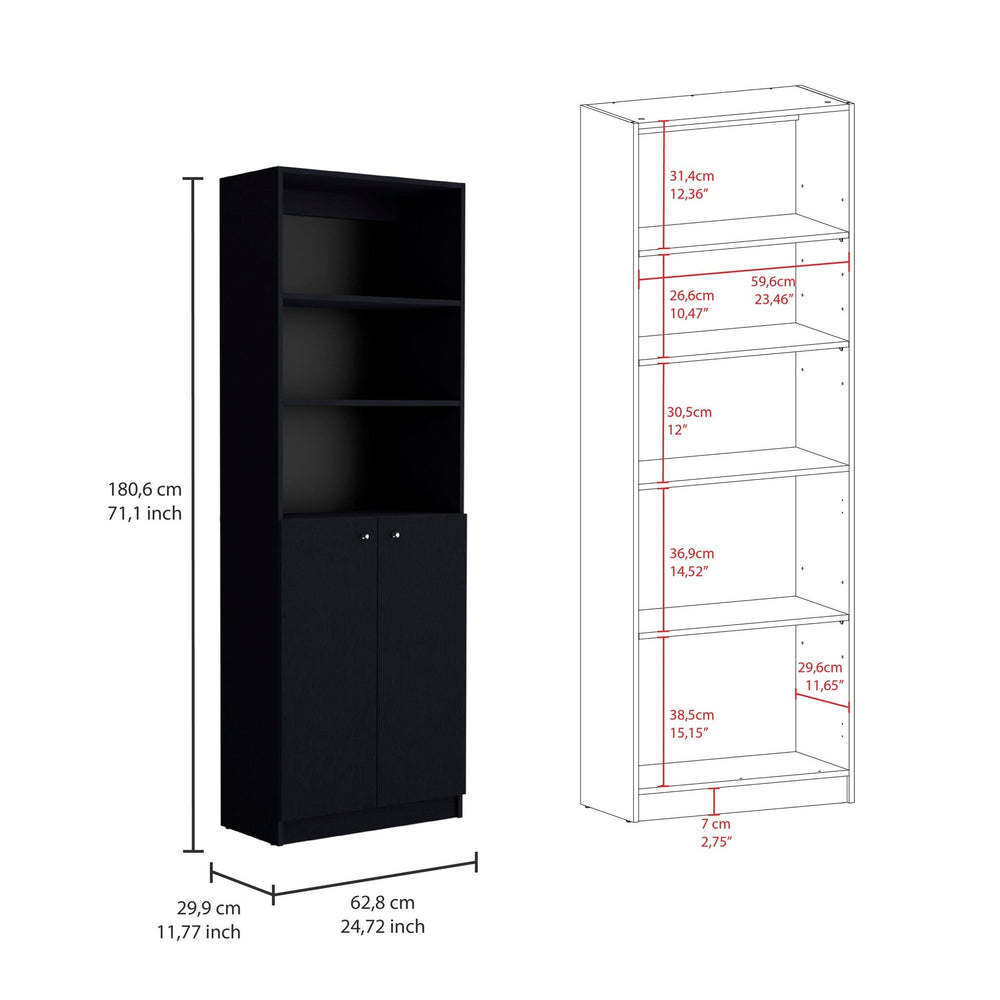 71" Black Five Tier Bookcase with Four Doors Image 2