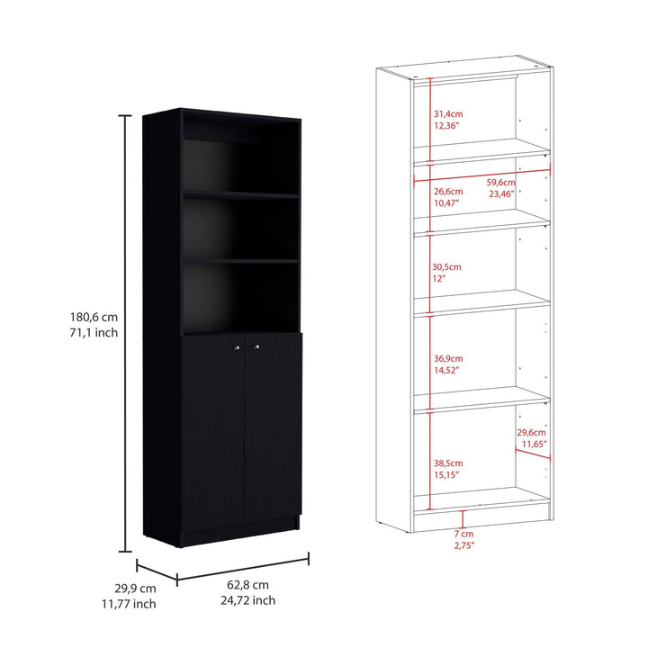 71" Black Five Tier Bookcase with Four Doors Image 2