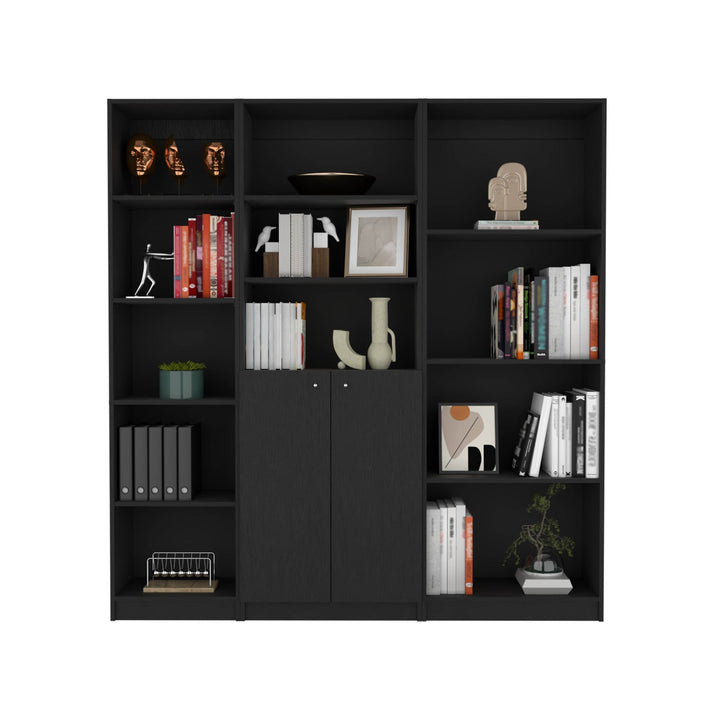 71" Black Five Tier Bookcase with Two doors Image 1