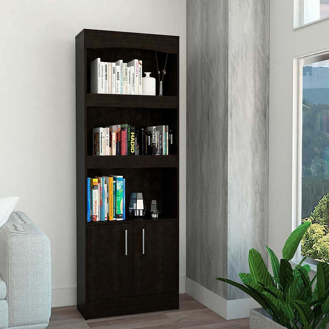 71" Light Gray Three Tier Bookcase with Two doors Image 1