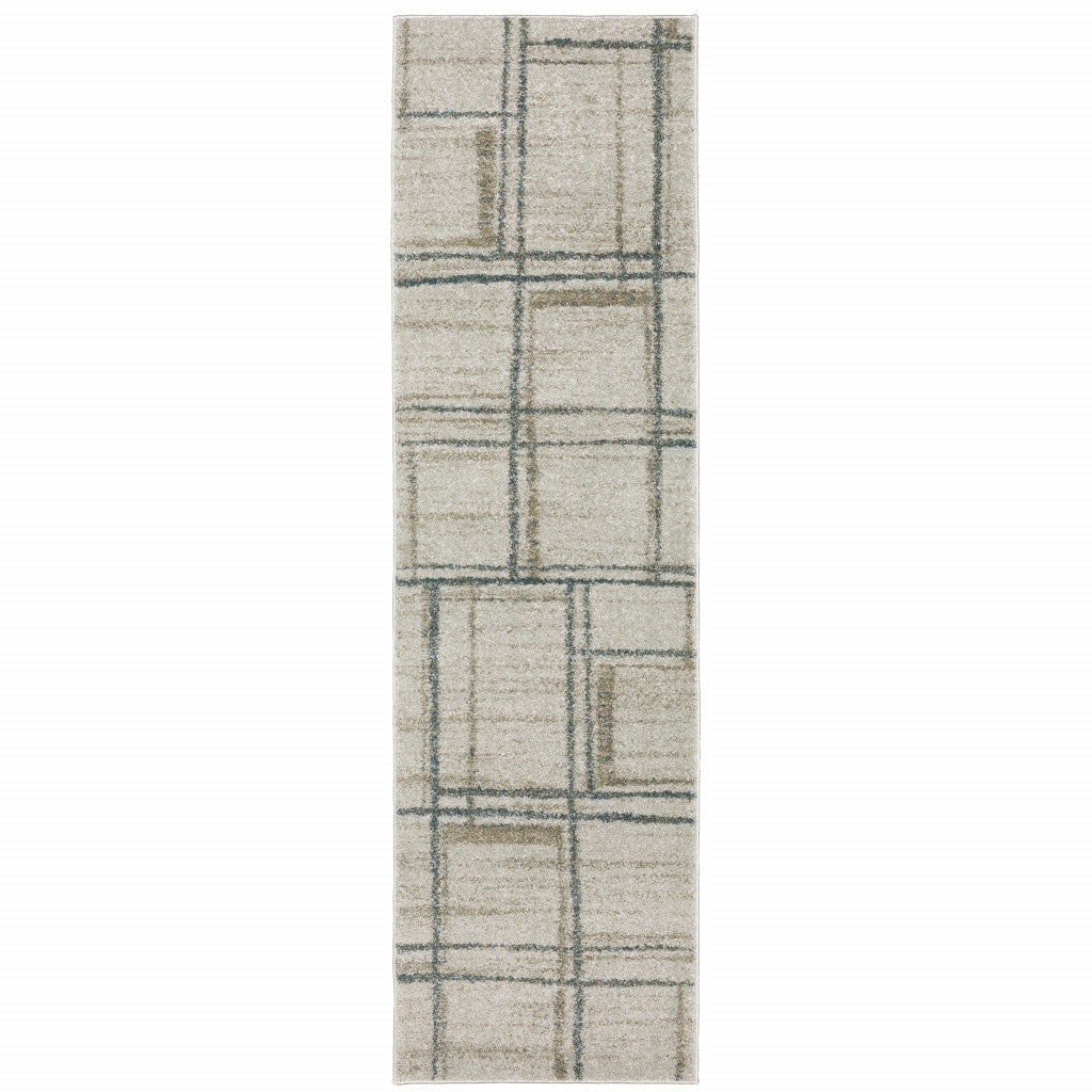 8 Runner Grey Teal Beige and Tan Geometric Power Loom Runner Rug Image 1