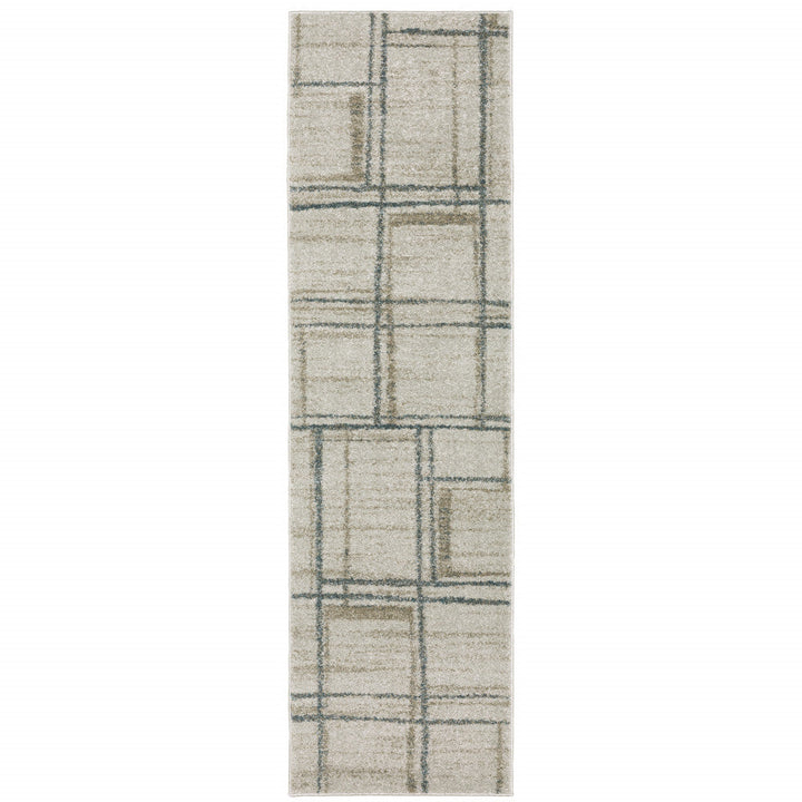 8 Runner Grey Teal Beige and Tan Geometric Power Loom Runner Rug Image 1