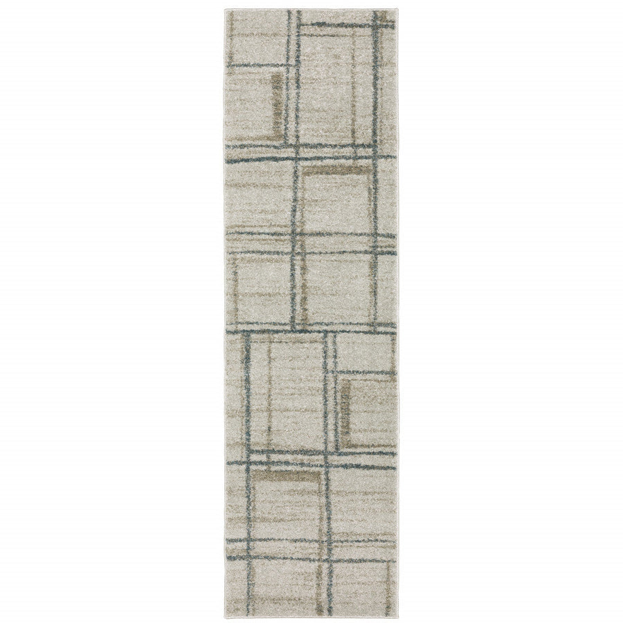 8 Runner Grey Teal Beige and Tan Geometric Power Loom Runner Rug Image 1