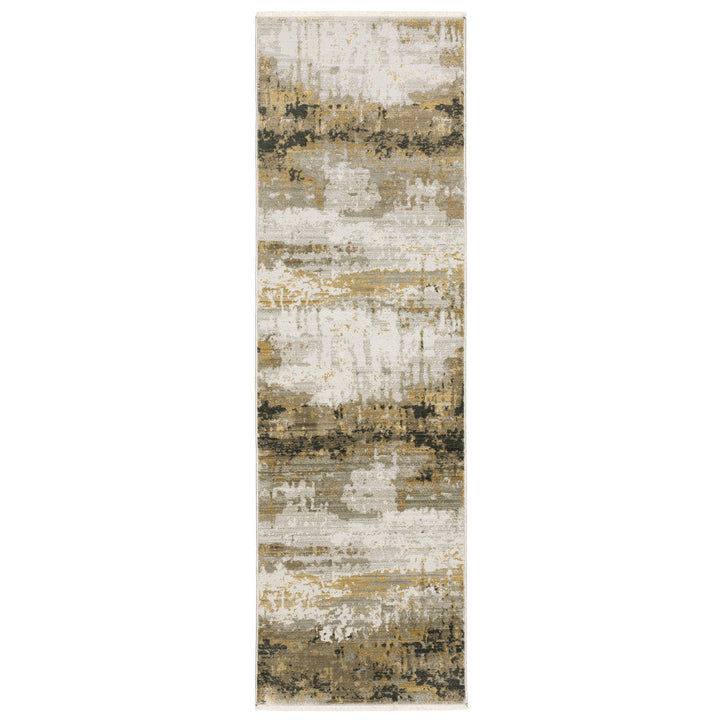 8 Grey Gold Black Charcoal And Beige Abstract Power Loom Runner Rug With Fringe Image 7