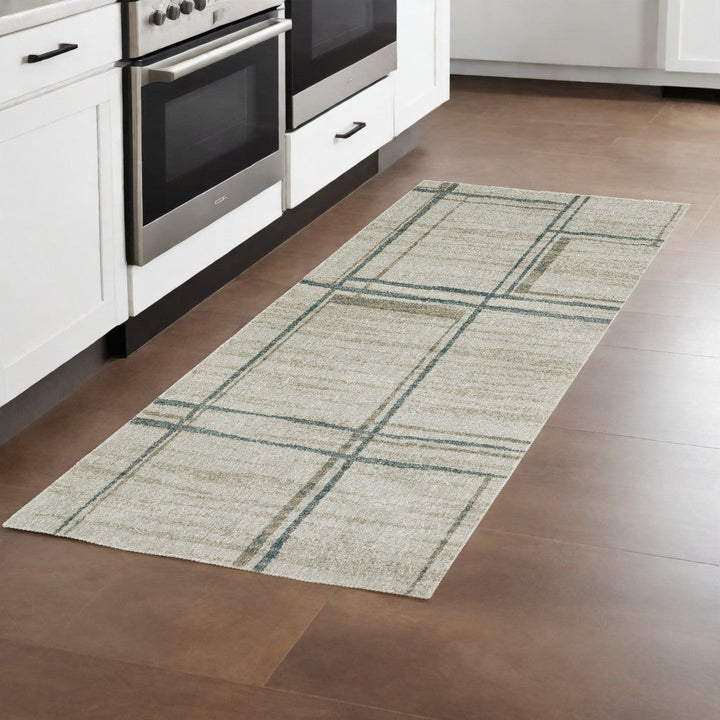 8 Runner Grey Teal Beige and Tan Geometric Power Loom Runner Rug Image 11