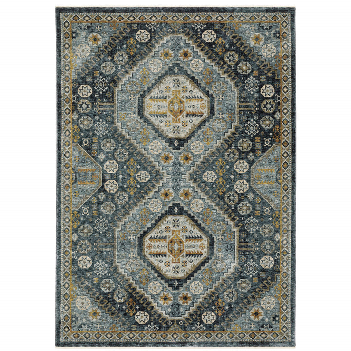 8 X 11 Blue Gold Ivory And Navy Oriental Power Loom Stain Resistant Area Rug With Fringe Image 1