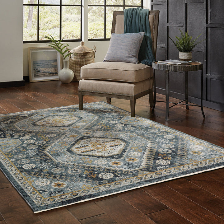 8 X 11 Blue Gold Ivory And Navy Oriental Power Loom Stain Resistant Area Rug With Fringe Image 2