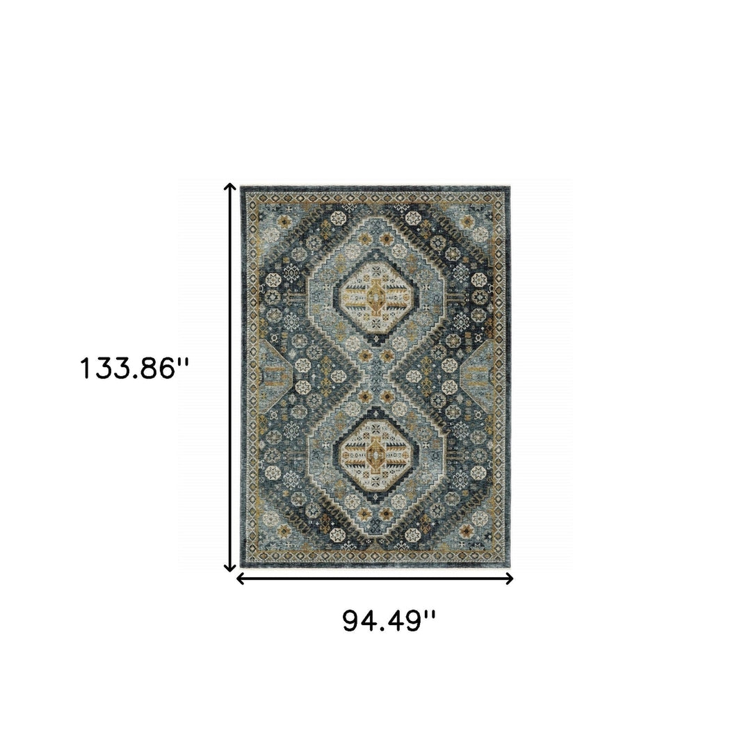 8 X 11 Blue Gold Ivory And Navy Oriental Power Loom Stain Resistant Area Rug With Fringe Image 10