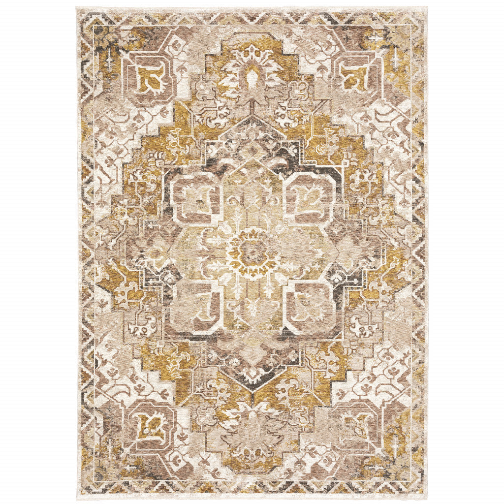 8 X 11 Gold And Ivory Oriental Power Loom Stain Resistant Area Rug With Fringe Image 1