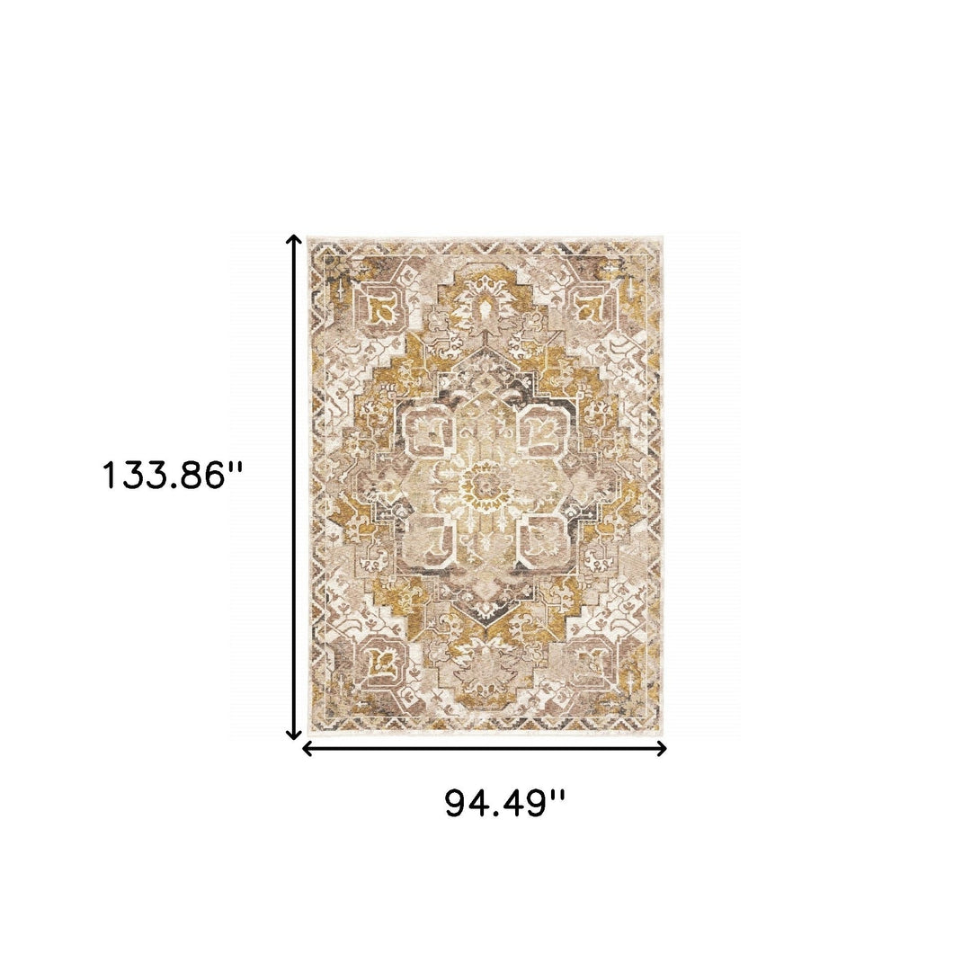 8 X 11 Gold And Ivory Oriental Power Loom Stain Resistant Area Rug With Fringe Image 11