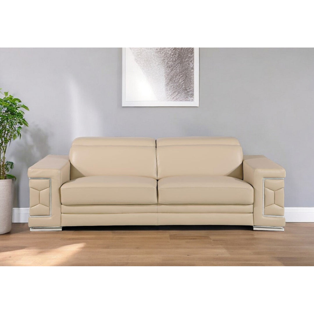 89" Beige Leather Sofa With Silver Legs Image 11