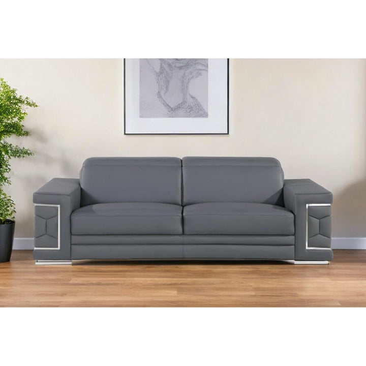 89" Gray Leather Sofa With Silver Legs Image 10