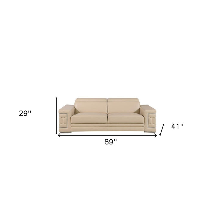 89" Beige Leather Sofa With Silver Legs Image 12