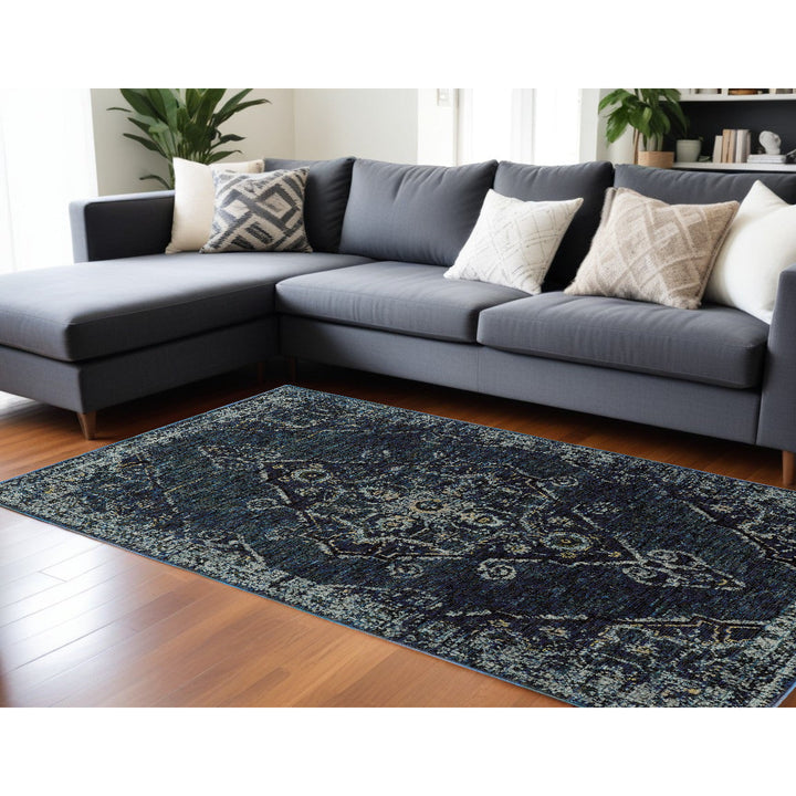 8 x 11 Blue and Black Oriental Power Loom Area Rug Image 5