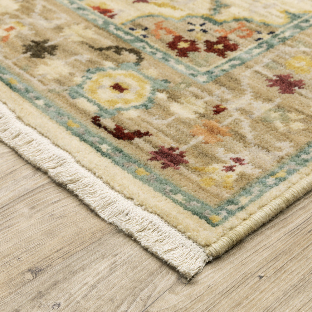 8 X 11 Beige Pale Blue Rust Gold Tan Brown And Orange Oriental Power Loom Stain Resistant Area Rug With Fringe Image 2