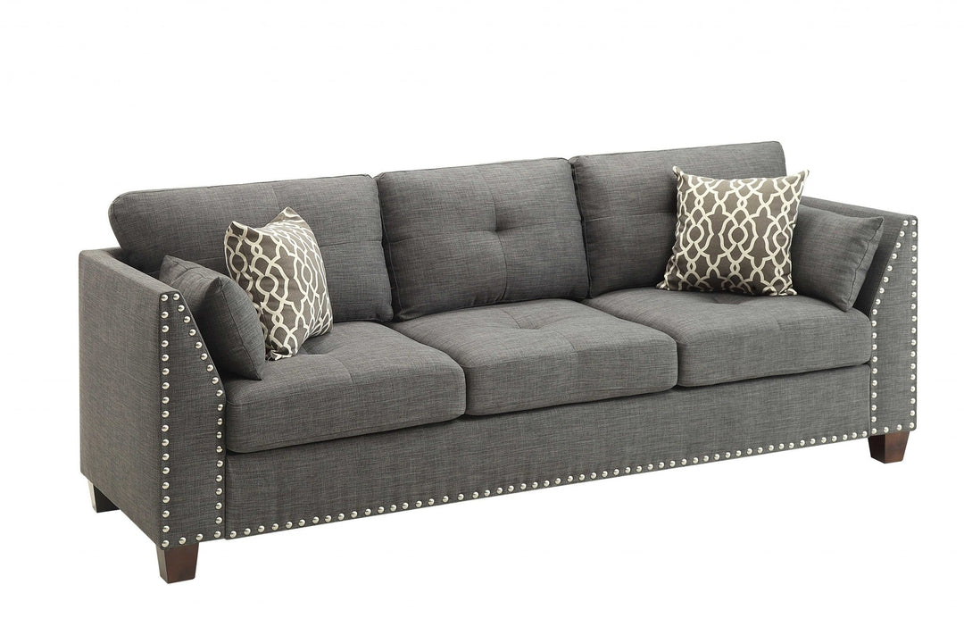 81" Charcoal Linen Sofa And Toss Pillows With Dark Brown Legs Image 1