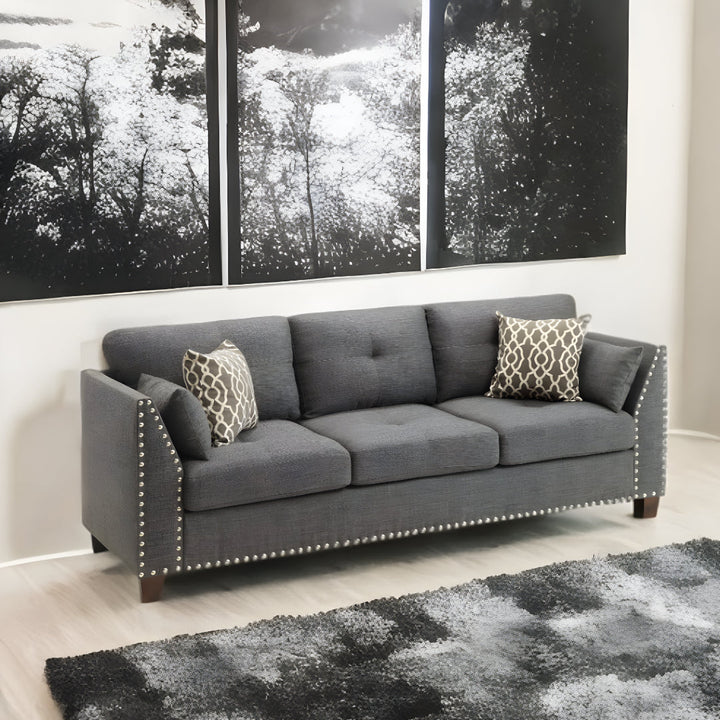 81" Charcoal Linen Sofa And Toss Pillows With Dark Brown Legs Image 2