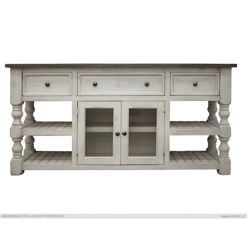 81" Ivory Solid Wood Open shelving Distressed TV Stand Image 2