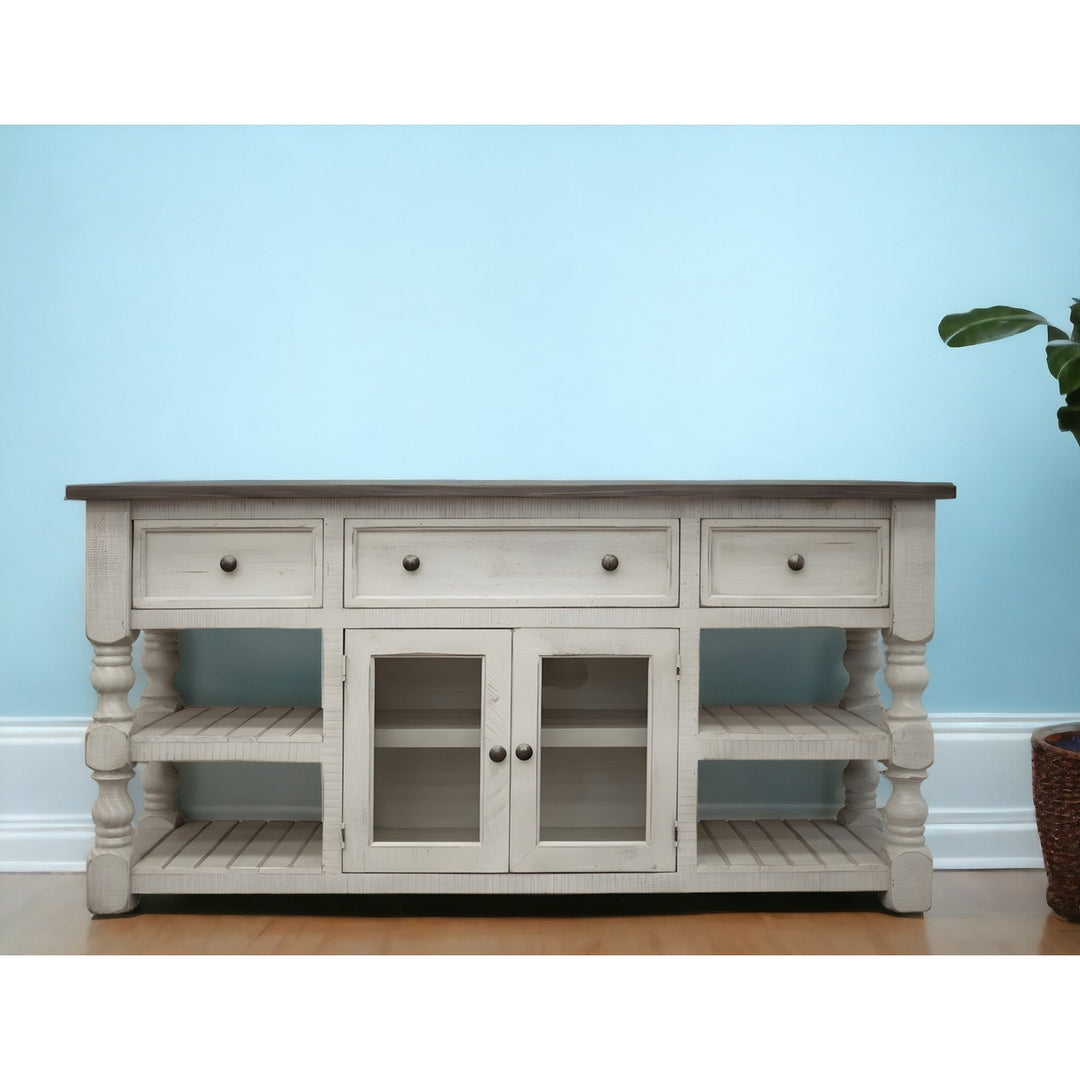 81" Ivory Solid Wood Open shelving Distressed TV Stand Image 3