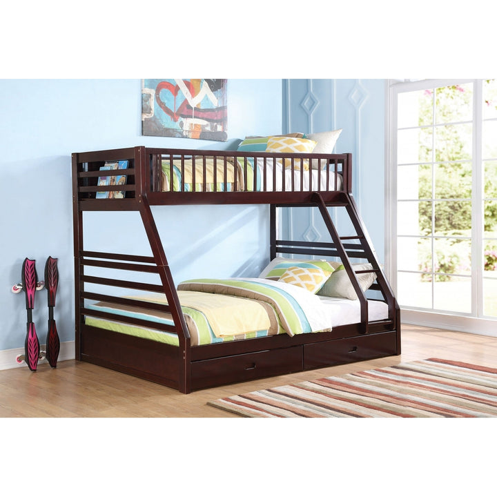 83" X 63" X 65" Espresso Pine Wood Twin Xl Over Queen Bunk Bed Image 1