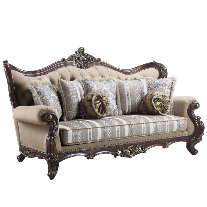 92" Brown Linen Damask Sofa And Toss Pillows Image 1