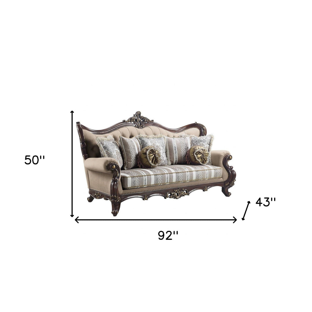 92" Brown Linen Damask Sofa And Toss Pillows Image 2