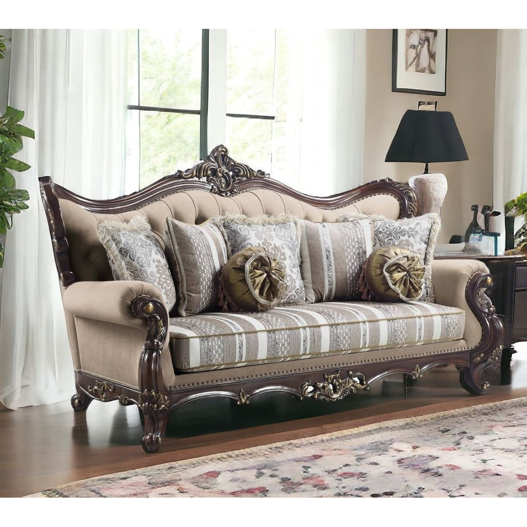 92" Brown Linen Damask Sofa And Toss Pillows Image 5