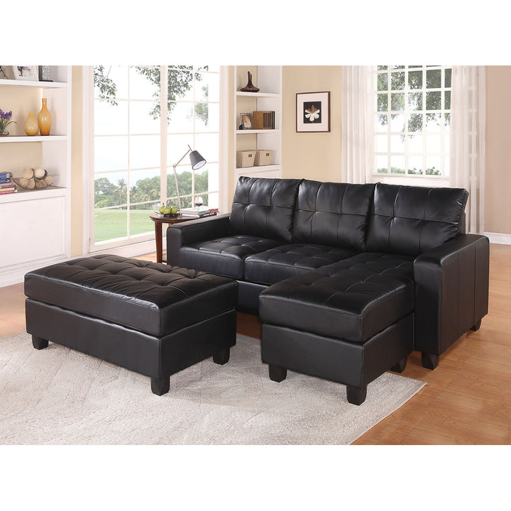 Black Faux Leather Stationary L Shaped Three Piece Sofa And Chaise Image 1