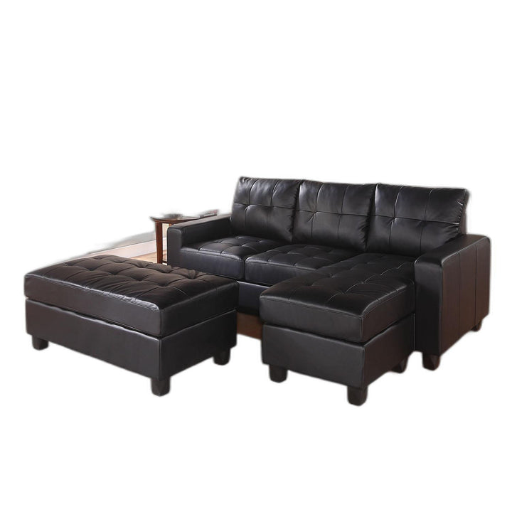 Black Faux Leather Stationary L Shaped Three Piece Sofa And Chaise Image 2