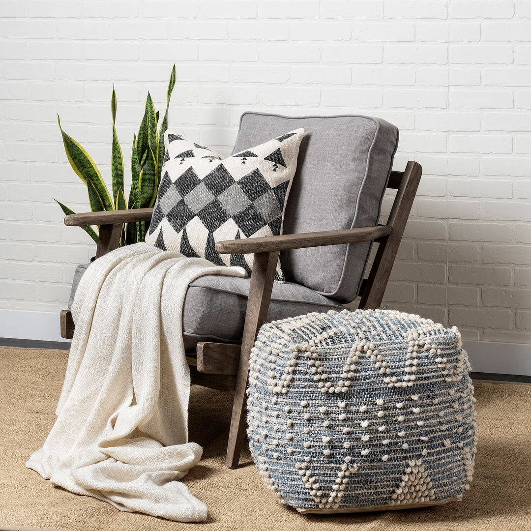 Blue Denim And Ivory Square Pouf With Cotton Stitched Image 4