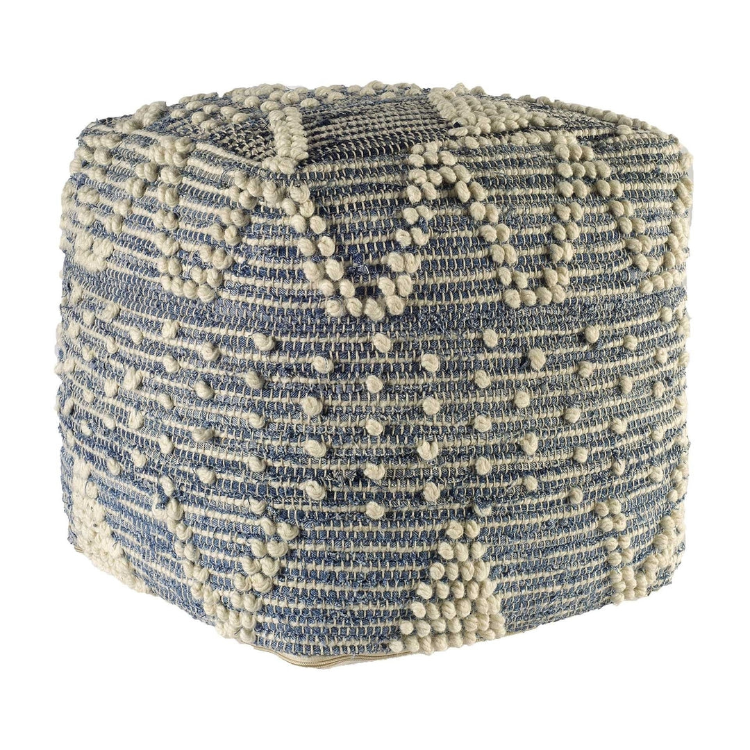 Blue Denim And Ivory Square Pouf With Cotton Stitched Image 10