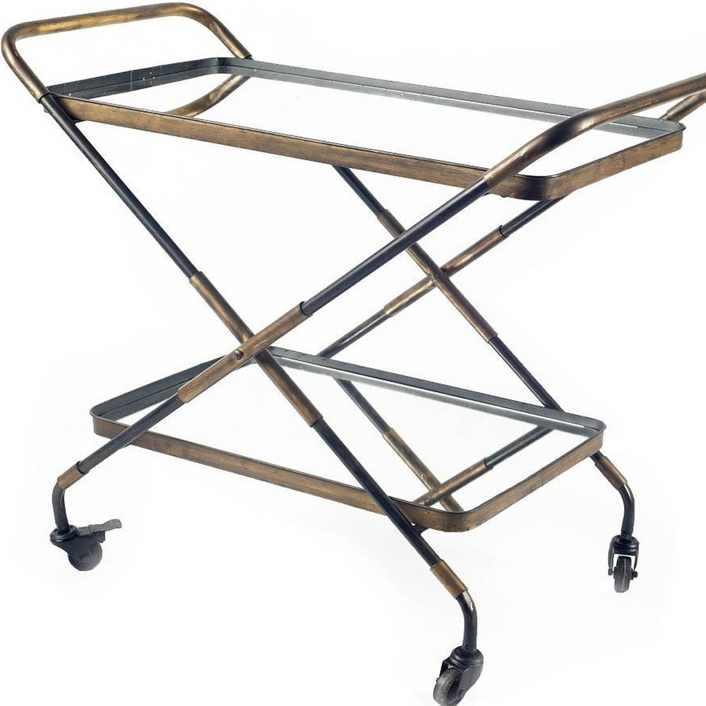 Rectangular Black And Gold Metal With Mirror Glass Shelves Bar Cart Image 9